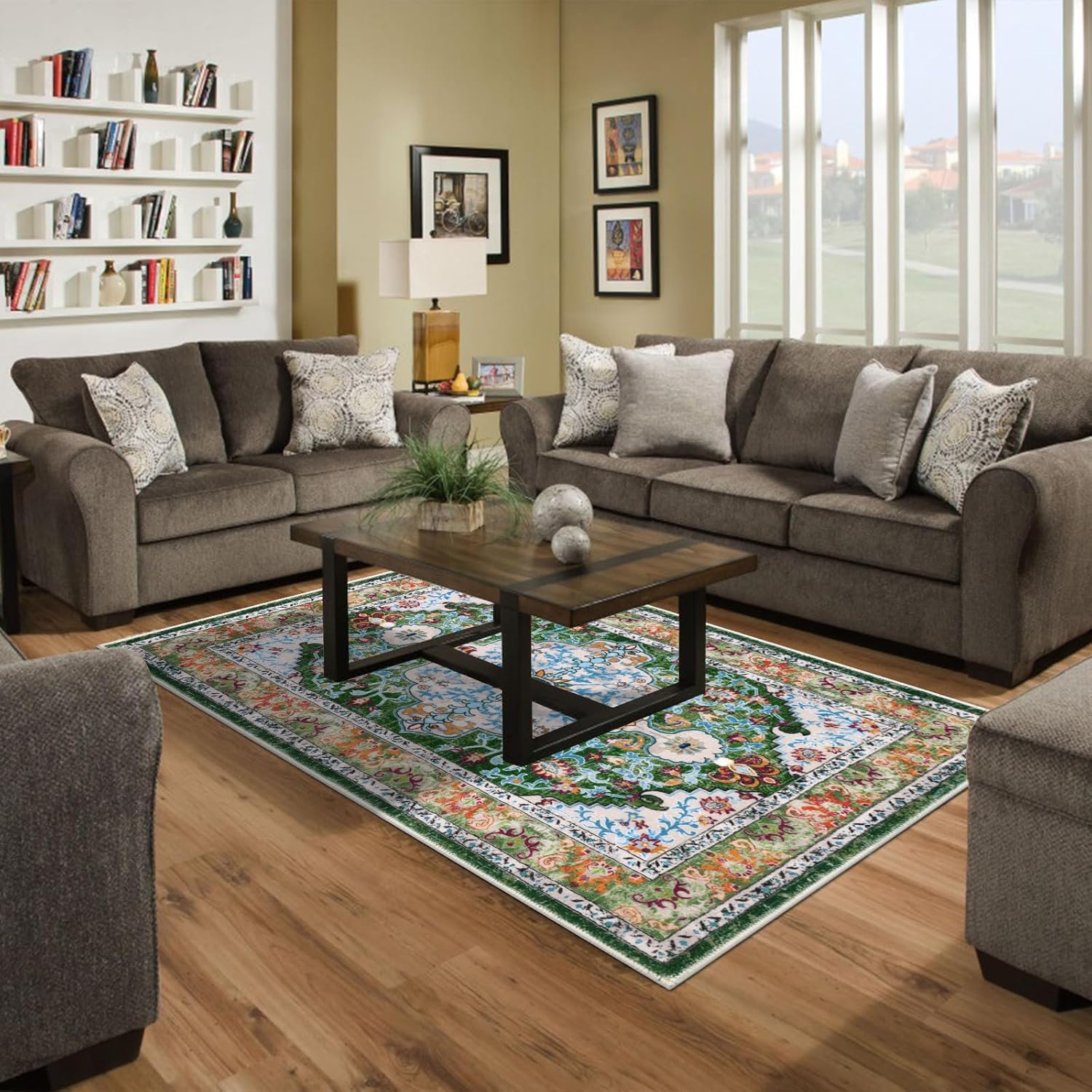 Green U'Artlines Boho Vintage Area Rug Machine Washable Low Pile Soft Floor Carpet Non Slip Non Shedding Accent Rug for Living Room Bedroom Entryway Dining Room Office Green